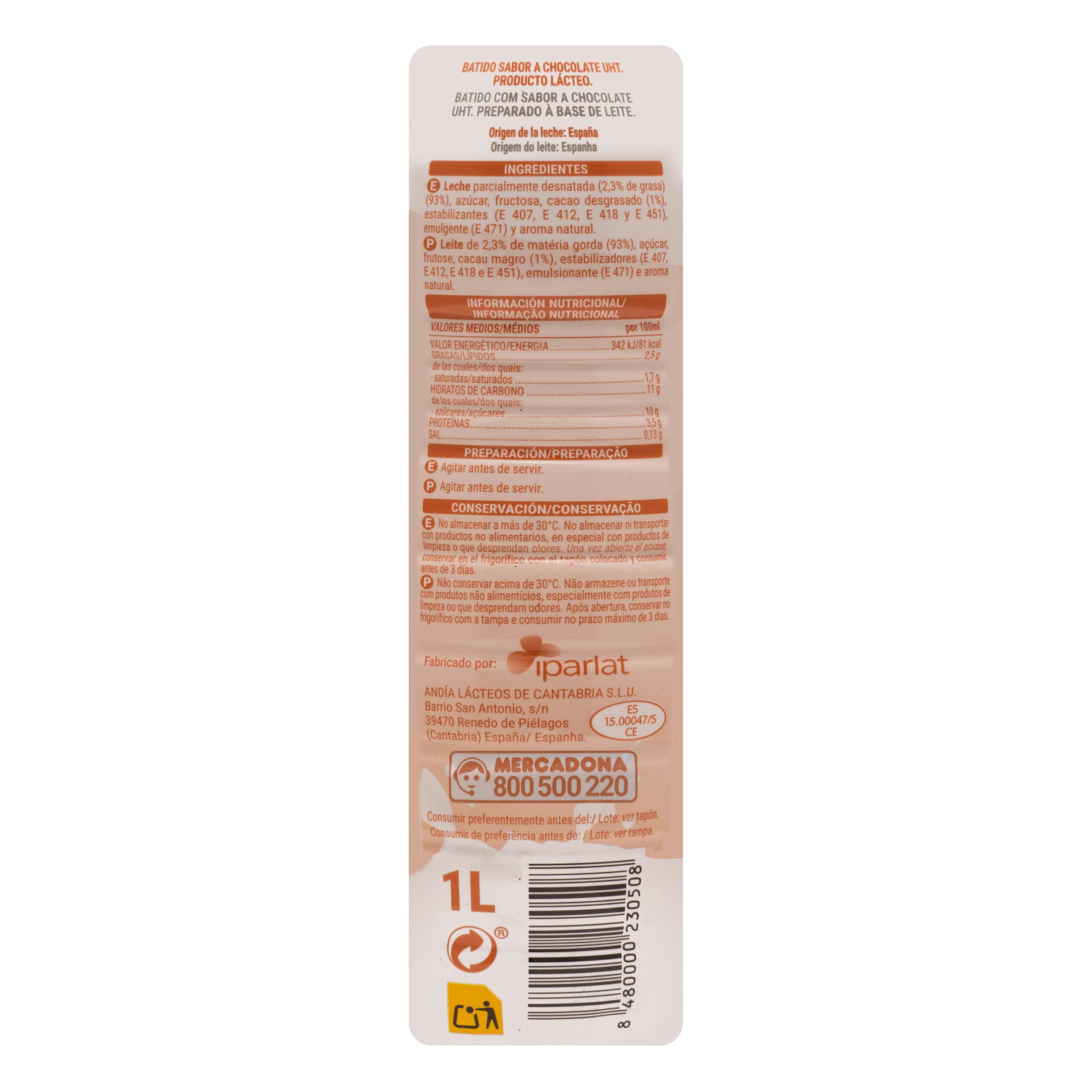 Etiqueta Batido de chocolate 90% leche Hacendado